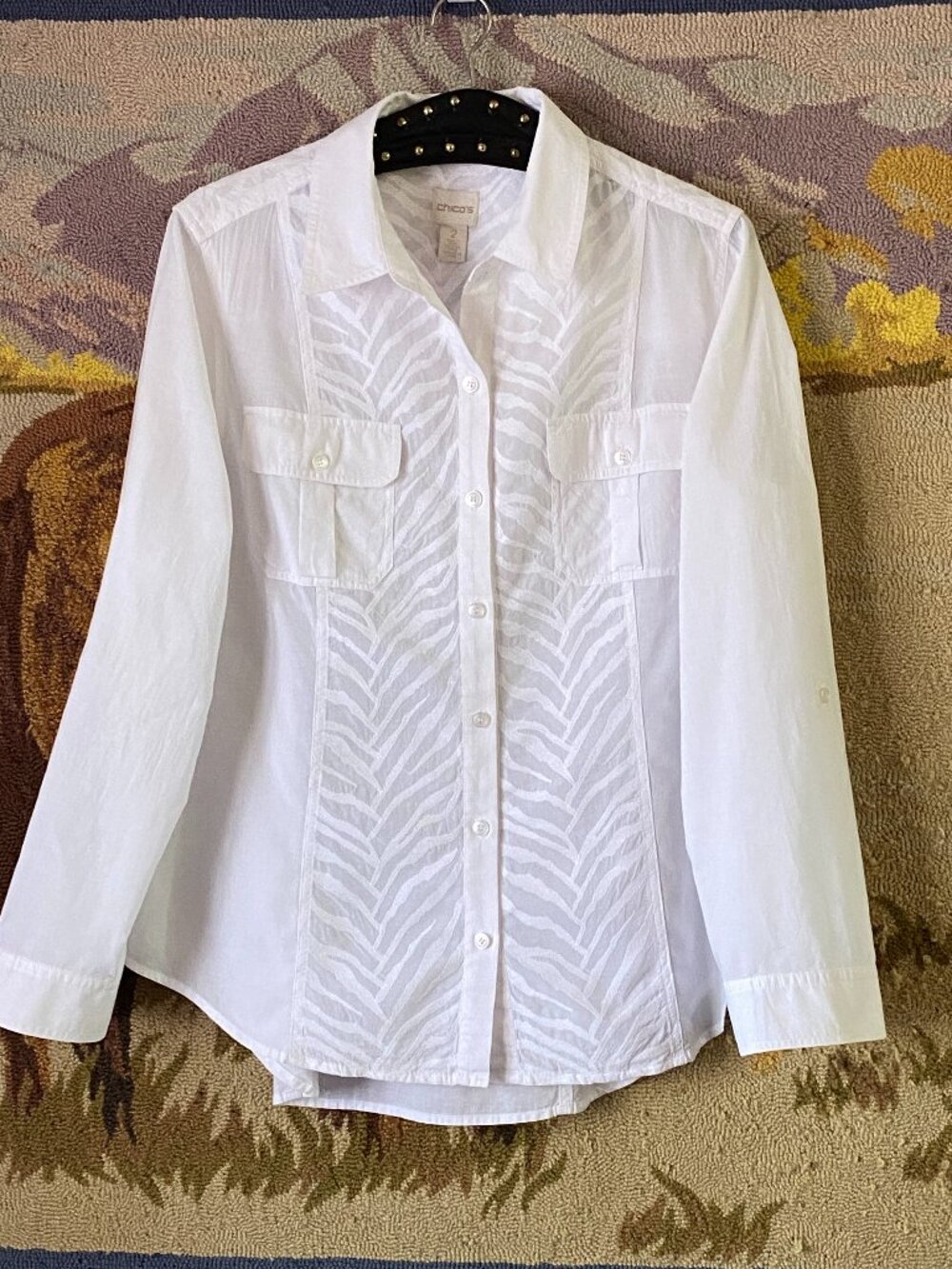 Chicos Sz 2 Women's White Blouse Shirt Roll Up Long Sleeve Pockets Embroidered